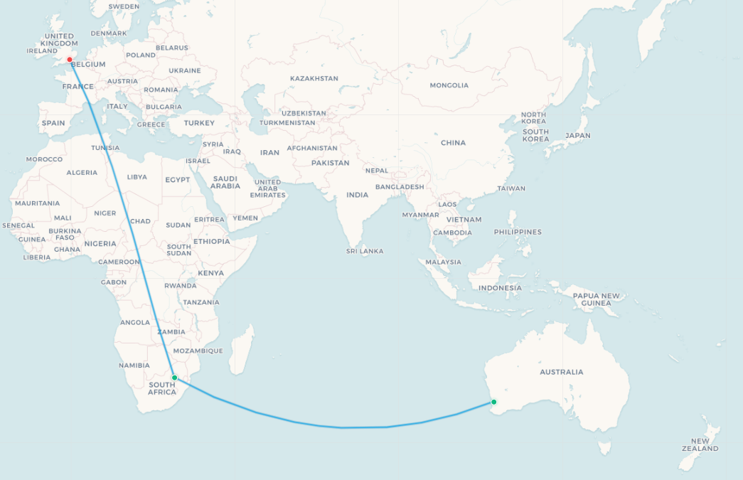 Mapa de ruta Perth a Johannesburgo (desvío sur)