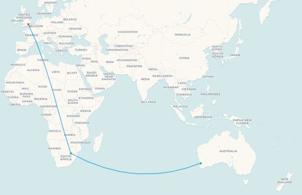 Mapa de ruta Perth a Johannesburgo (desvío sur)