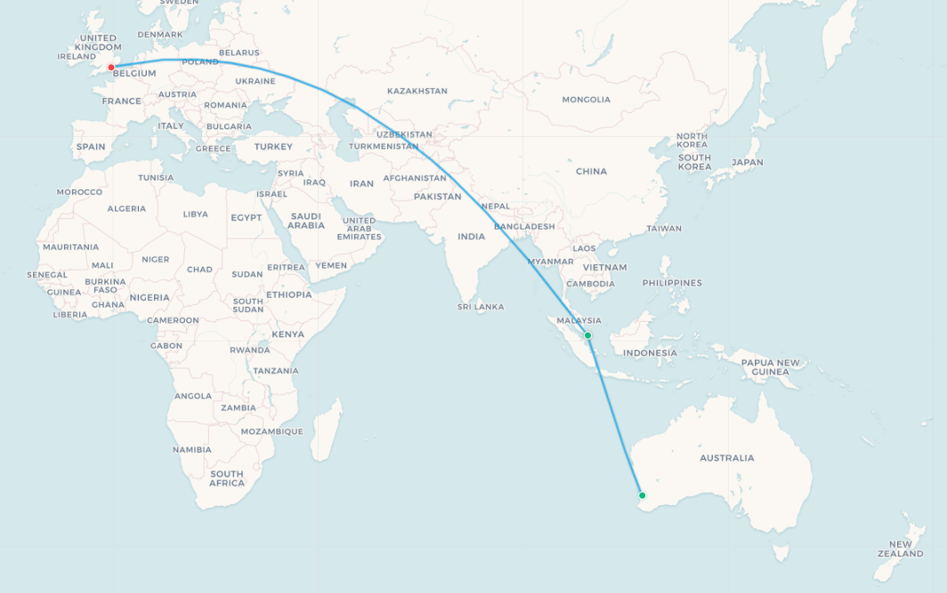 Mapa de ruta Perth a Londres directo