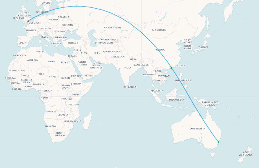 Mapa de ruta Sídney a Hong Kong
