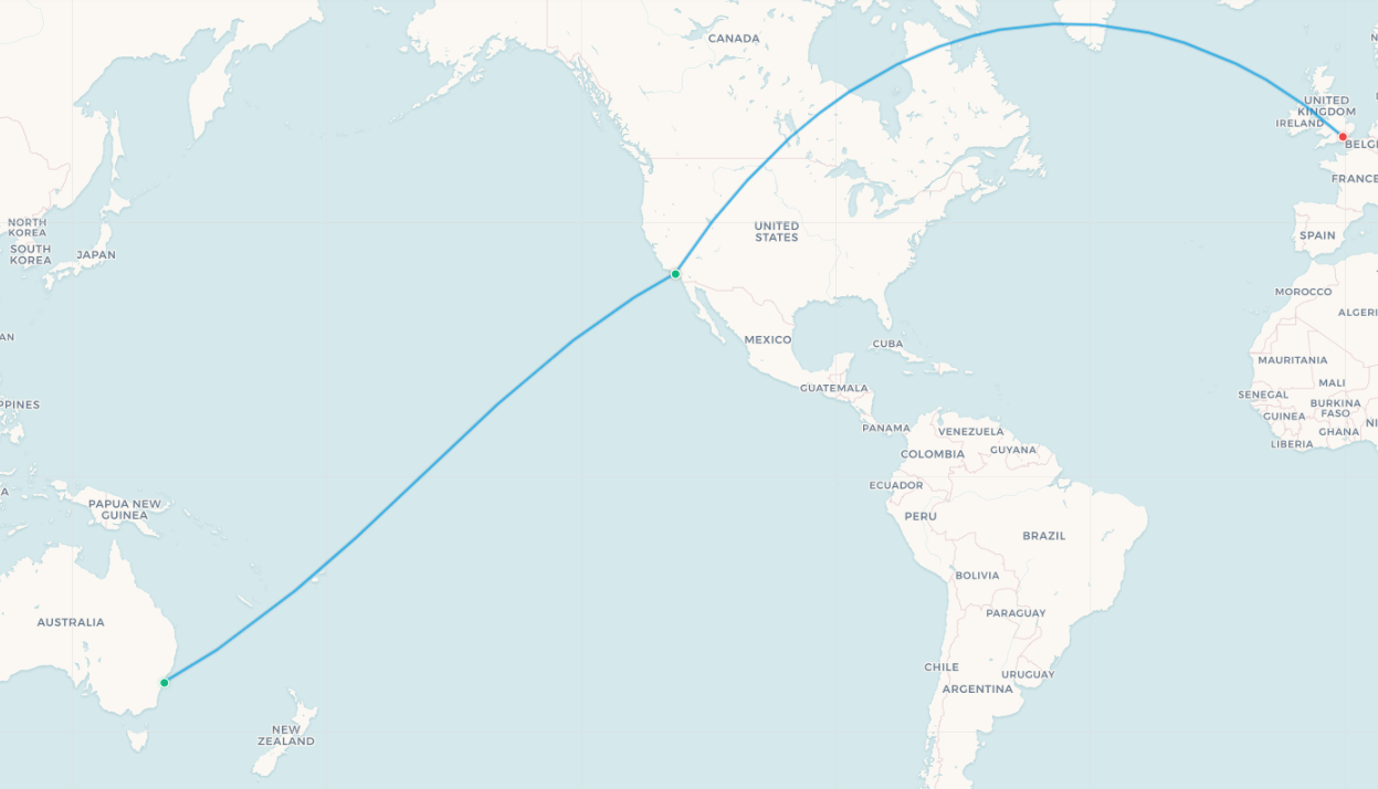 Mapa de ruta Sídney a Los Ángeles