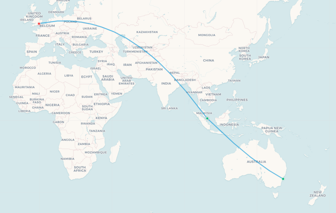 Mapa de ruta Sídney a Londres por el corredor del Cáucaso
