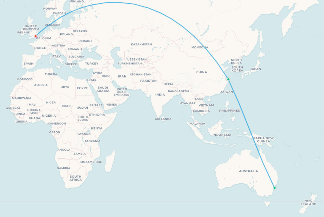 Mapa de ruta Sídney a Shanghái