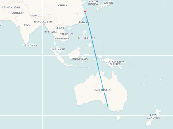 Adelaide to Shanghai route map