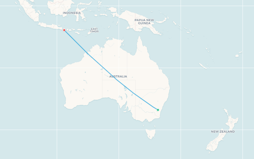 Canberra to Denpasar route map