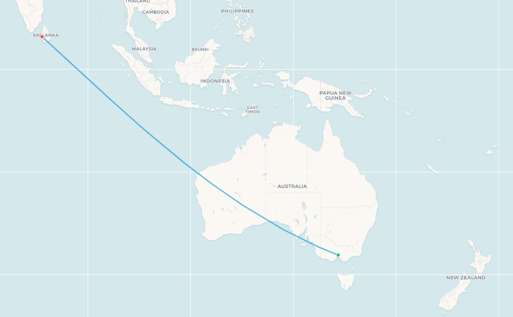 Melbourne to Colombo route map