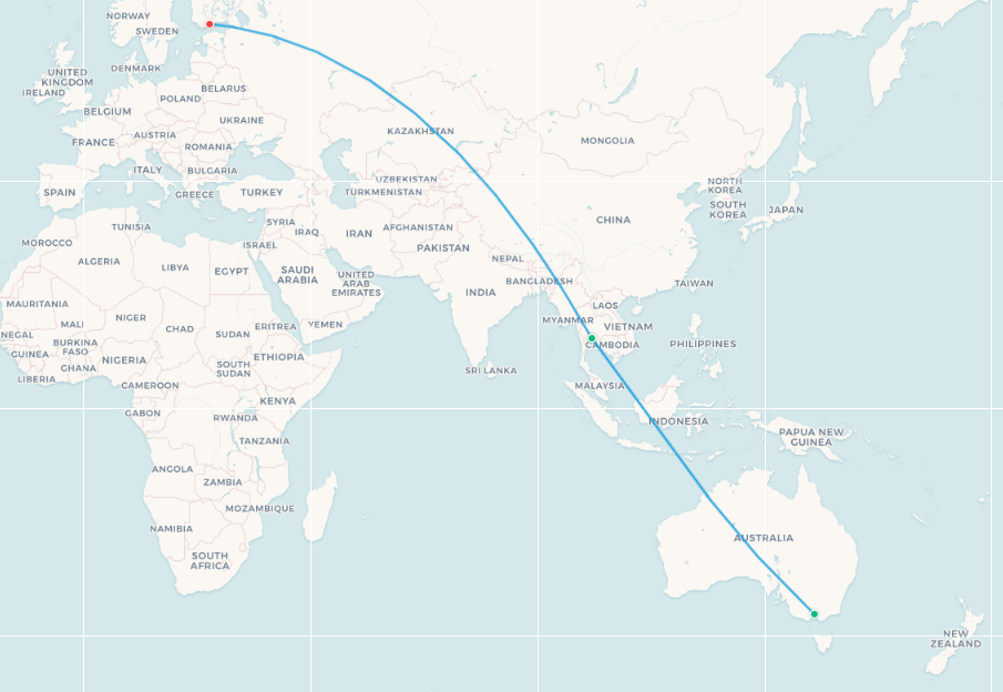 Melbourne to Helsinki route map