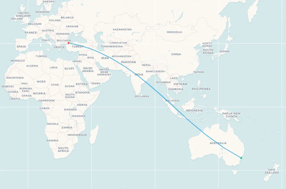 Sydney to Istanbul route map