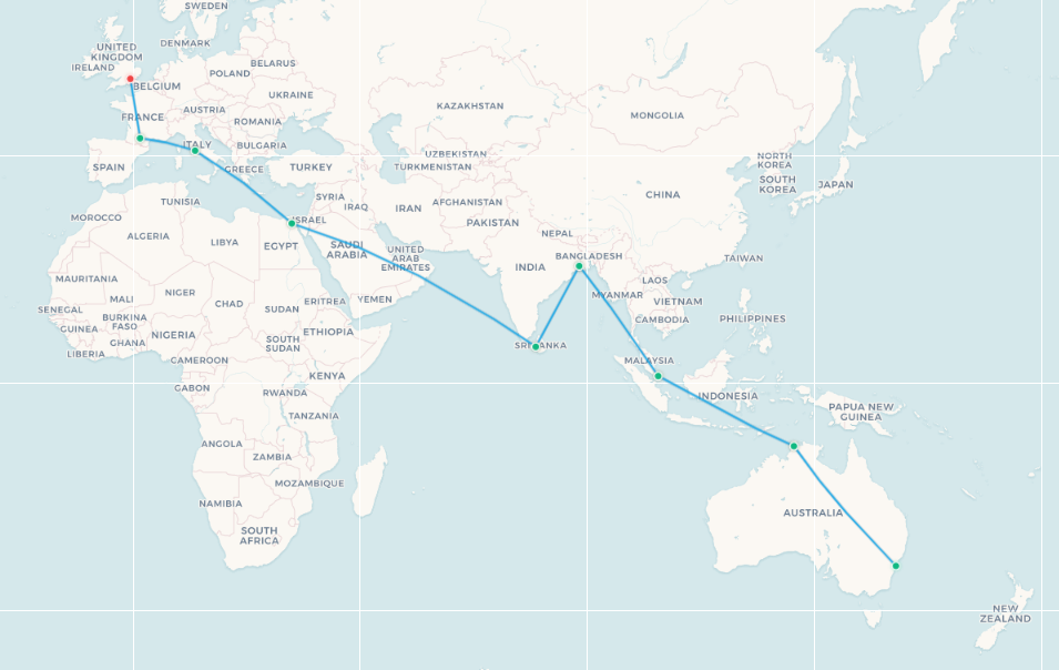 Sydney to London Kangaroo Route map