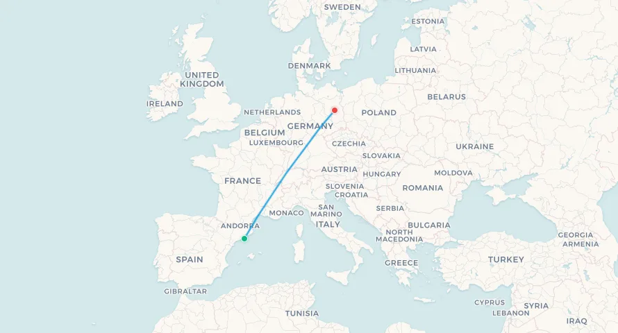 Mapa de ruta de vuelo de Barcelona a Berlín