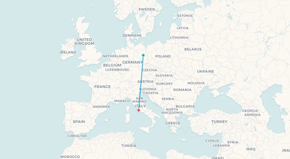 Mapa de ruta de vuelo de Berlín a Roma