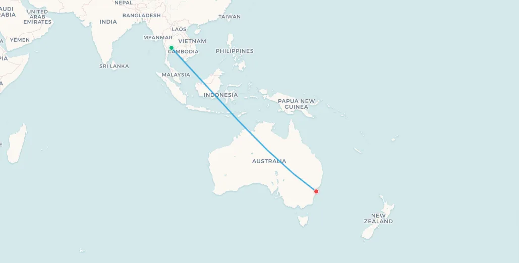 Mapa de ruta de vuelo de Bangkok a Sídney