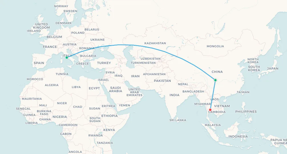 Mapa de ruta de vuelo de Roma a Bangkok