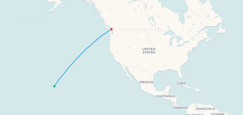 Mapa de ruta de vuelo de Honolulu a Vancouver