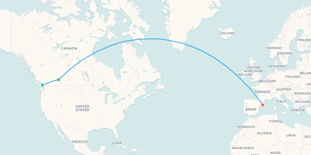 Mapa de ruta de vuelo de Vancouver a Barcelona