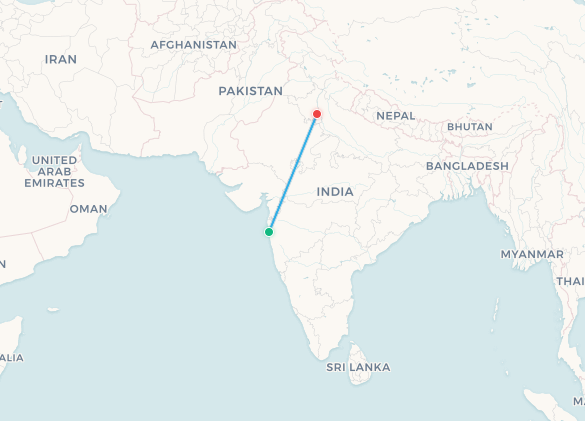 Mapa de ruta de vuelo Bombay a Delhi