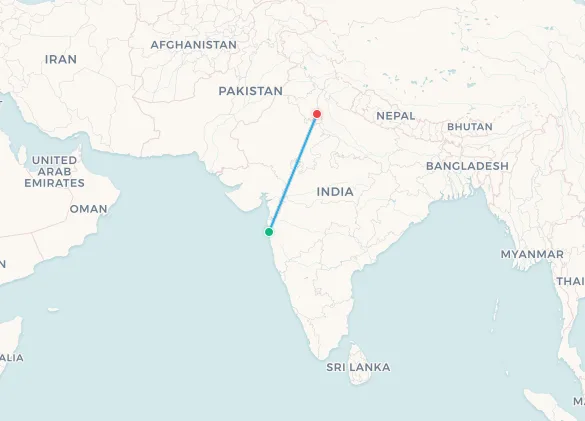 Mumbai to Delhi flight route map