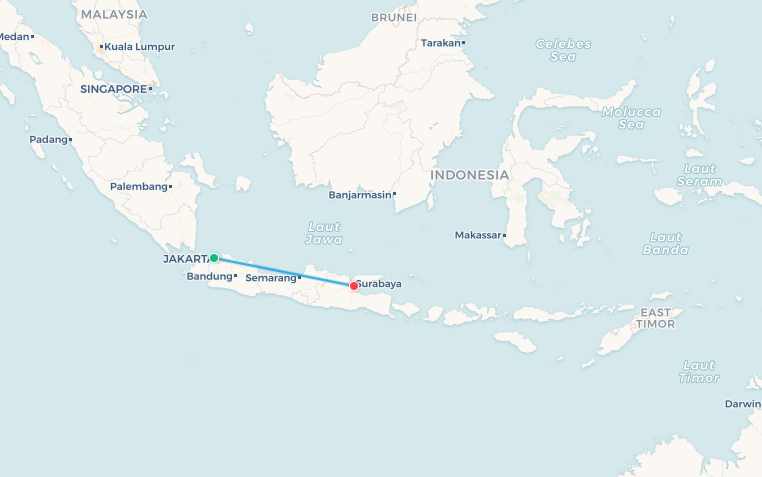 Mapa de ruta de vuelo Yakarta a Surabaya