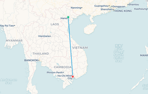 Mapa de ruta de vuelo Hanói a Ciudad Ho Chi Minh