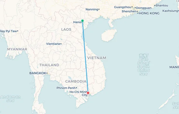 Hanoi to Ho Chi Minh City flight route map