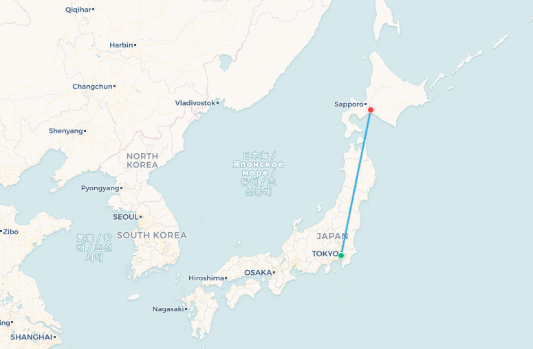 Mapa de ruta de vuelo Tokio a Sapporo