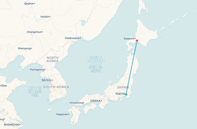 Tokyo to Sapporo flight route map
