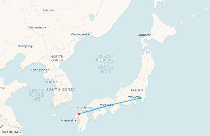 Mapa de ruta de vuelo Tokio a Fukuoka