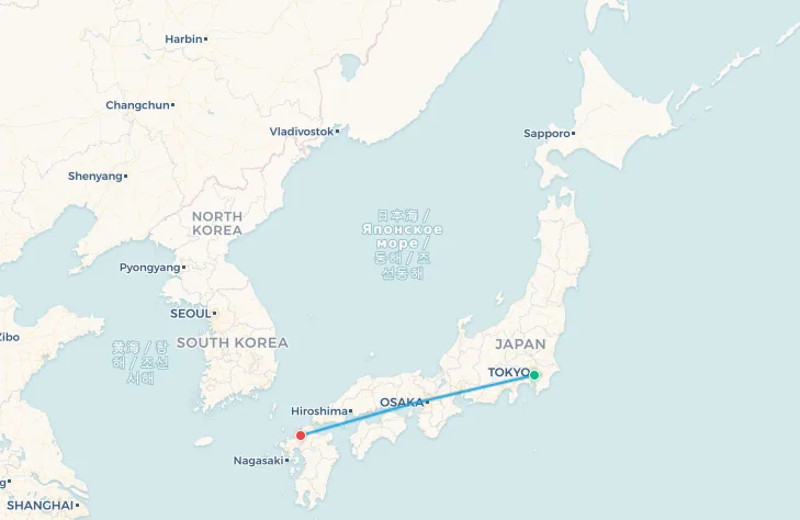 Tokyo to Fukuoka flight route map