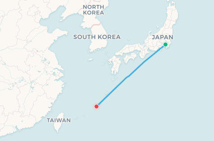 Mapa de ruta de vuelo Tokio a Okinawa