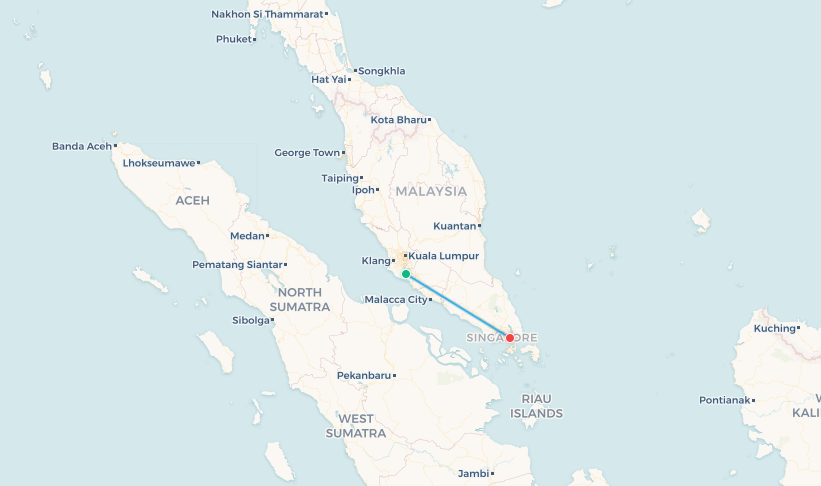 Mapa de ruta de vuelo Kuala Lumpur a Singapur