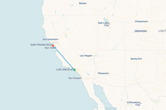 Mapa de ruta de vuelo Los Ángeles a San Francisco
