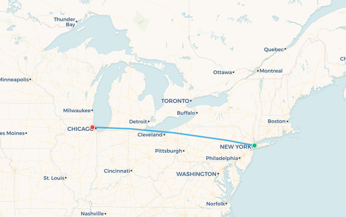 Mapa de ruta de vuelo Nueva York a Chicago