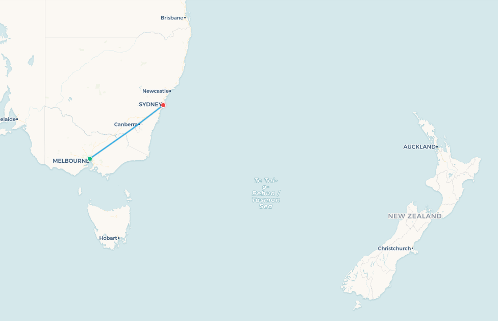Mapa de ruta de vuelo Melbourne a Sídney