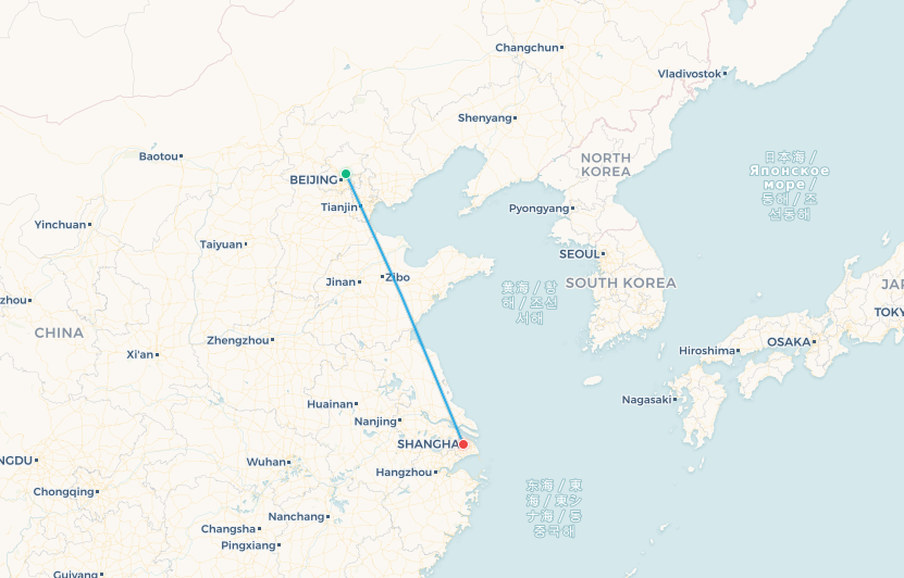 Mapa de ruta de vuelo Beijing a Shanghái
