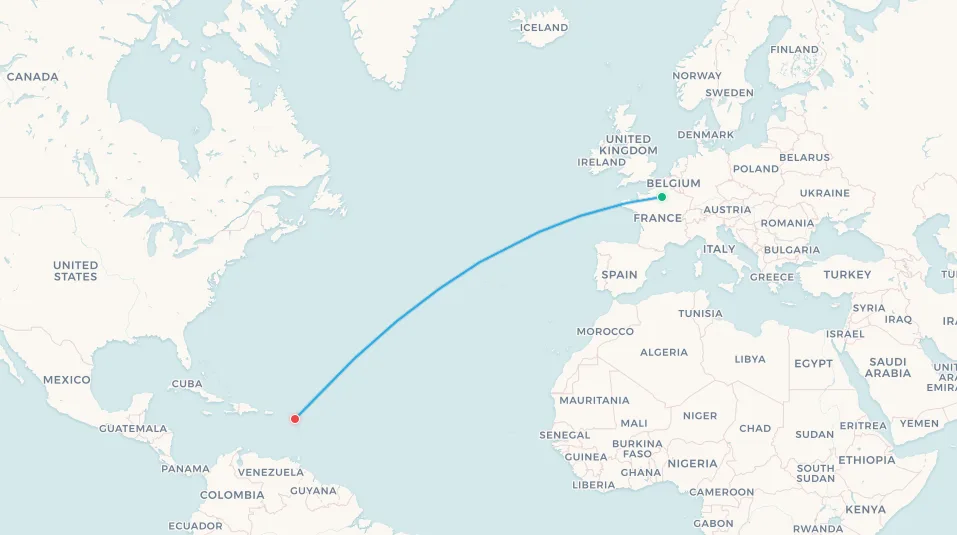 Mapa de la ruta del Concorde de Air France: París CDG a Antigua