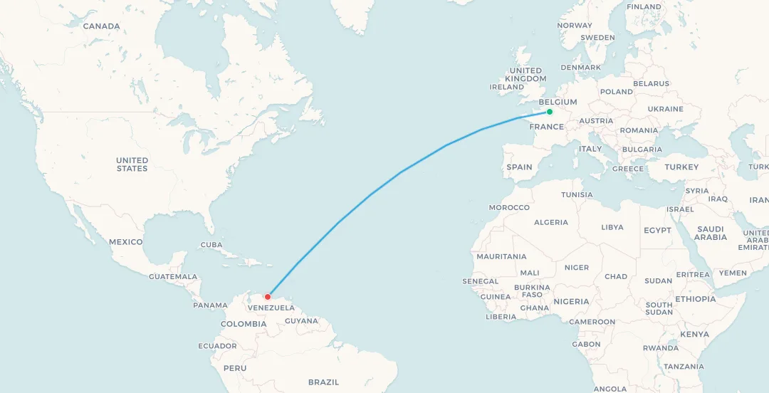 Mapa de ruta del Concorde de Air France: París CDG a Caracas Venezuela