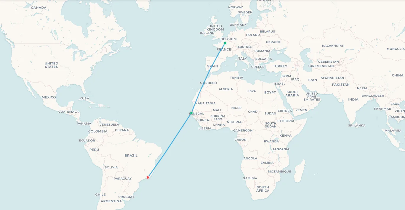 Mapa de ruta del Concorde de Air France: París CDG vía Dakar a Río de Janeiro