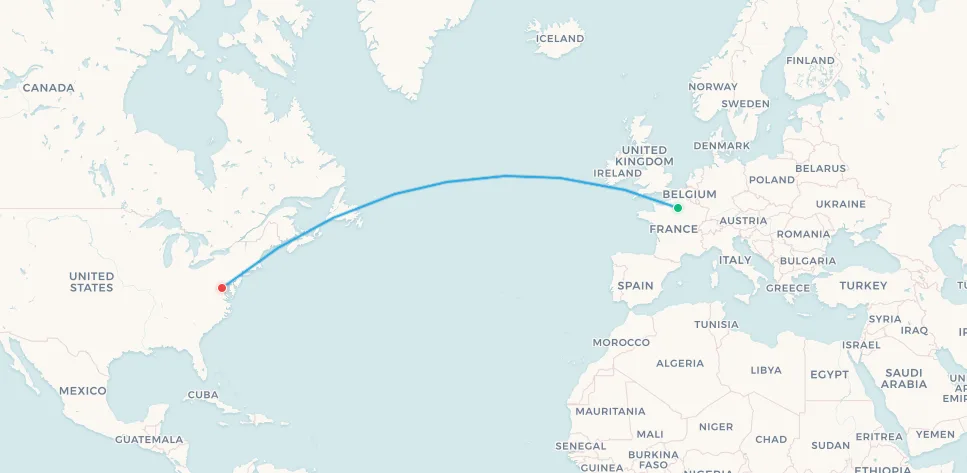 Mapa de la ruta del Concorde de Air France: París CDG a Washington Dulles