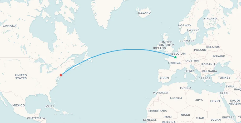 Mapa de la ruta del Concorde de Air France: París CDG a Nueva York JFK