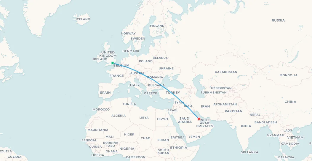 Mapa de ruta del Concorde de British Airways: Londres Heathrow a Bahréin (inaugural 1976)