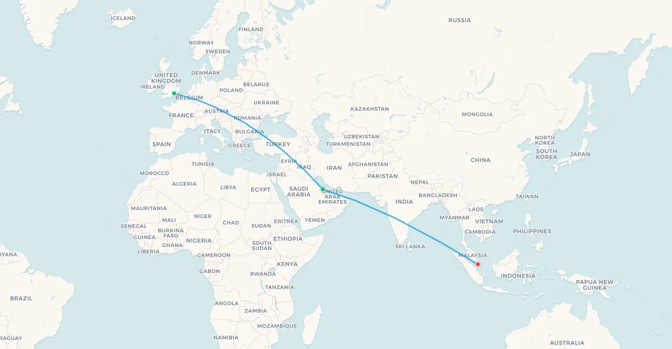Mapa de ruta del Concorde de British Airways y Singapore Airlines: Londres a Bahréin a Singapur