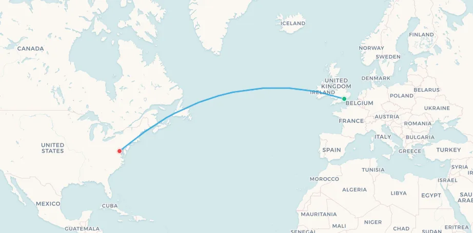 Mapa de la ruta del Concorde de British Airways: Londres Heathrow a Washington Dulles