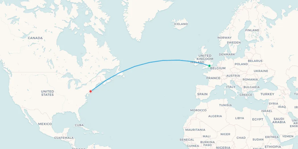 Mapa de la ruta del Concorde de British Airways: Londres Heathrow a Nueva York JFK
