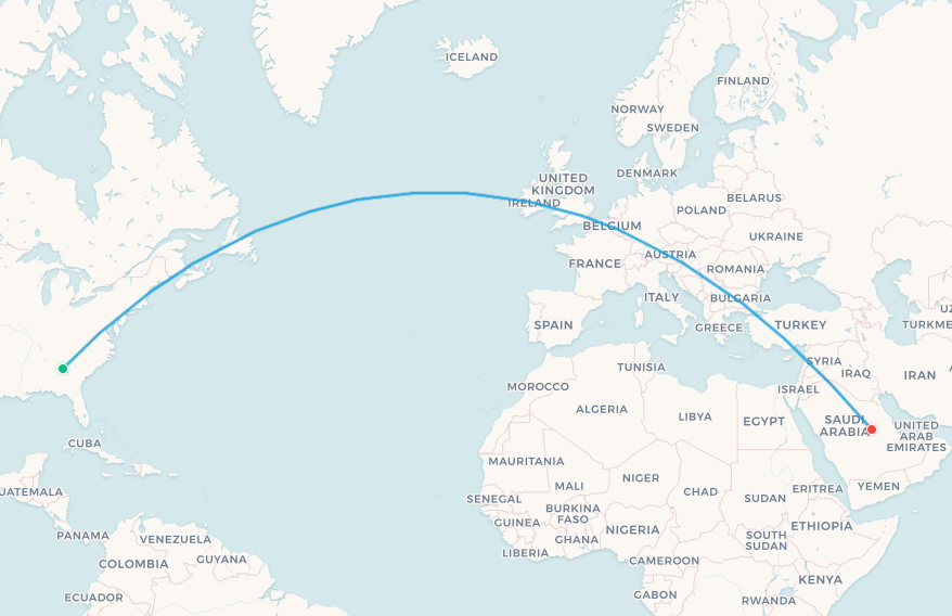 Mapa de ruta de Delta Air Lines de Atlanta a Riad