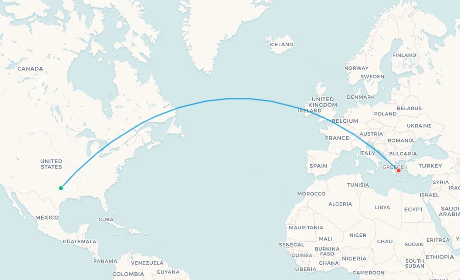 American Airlines Dallas to Athens route map