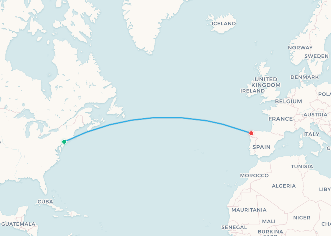 Mapa de ruta de United Airlines de Newark a Santiago de Compostela