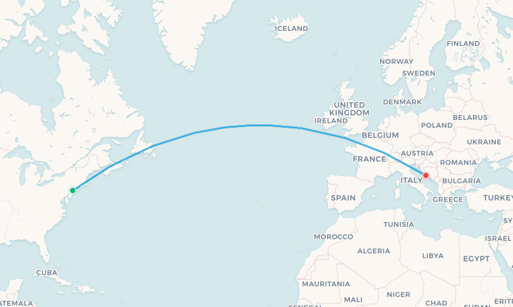 Mapa de ruta de United Airlines de Newark a Split