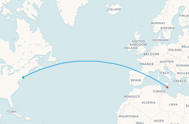 Mapa de ruta de Delta Air Lines de Nueva York a Malta