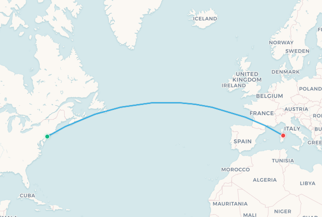 Mapa de ruta de Delta Air Lines de Nueva York a Olbia