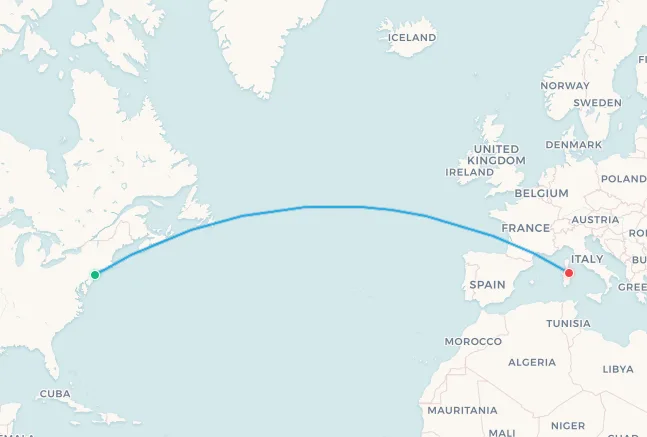 Delta Air Lines New York to Olbia route map